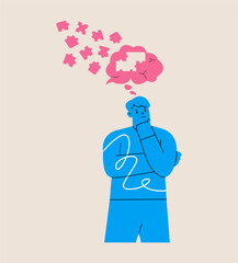 Forgetful man whose puzzles fly out of his brain. Colorful vector illustration