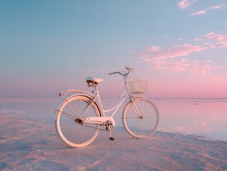 Obraz premium Pastel-toned bicycle by a tranquil, pink-hued lake.