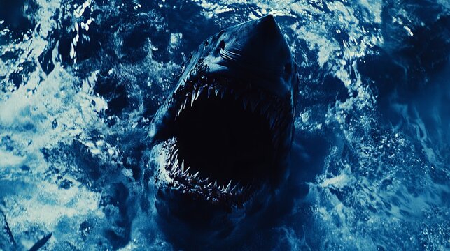 A shark with its jaws wide open, revealing its razor-sharp teeth, appears menacing