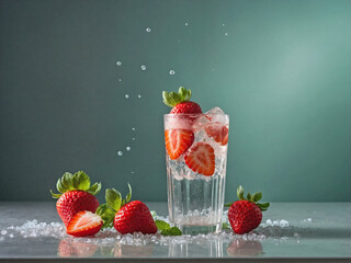A chilled glass with sparkling water, muddled strawberries, and mint leaves
