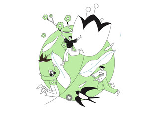 Vector flat illustration of characters in spring
