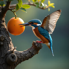 A kingfisher grabbing a fruit from a water-side tree branch