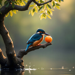 A kingfisher grabbing a fruit from a water-side tree branch