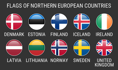Circular flag icons of Northern European countries. Set of vector icons on a dark grey background