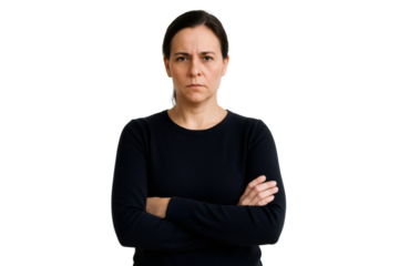 Confident businesswoman crossing arms, looking serious and professional, on a transparent background