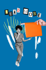 Pop poster collage of person under slogan text read more on blue background