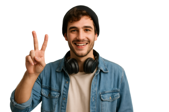 Cheerful dj wearing headphones, black wool cap, gesturing victory sign with raised fingers against transparent backdrop