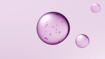 3D violet serum bubble suspended on pastel pink background. Visualizes luxury skincare, active ingredients, and molecular softness in motion.