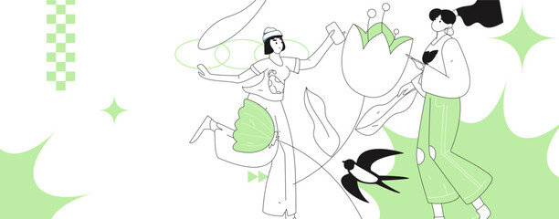 Vector flat illustration of characters in spring
