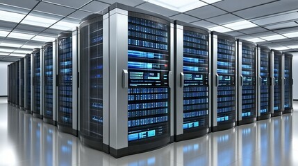 A high-tech data center equipped with rows of servers and networking equipment, illustrating advanced technology infrastructure and digital storage solutions