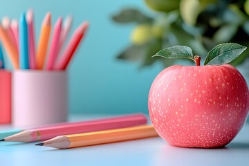 Naklejka premium Photo of a white desk with school supplies on it, in pastel colors, and an apple for a children's background, with a white blank wall behind the table, a copy space concept, in a simple minimalist sty