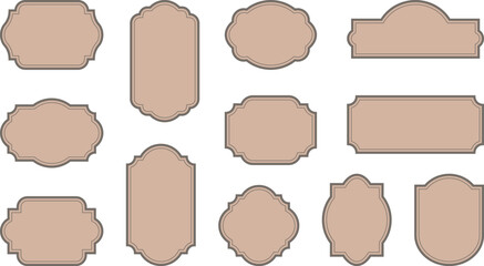 Elegant vintage labels with ornate frames in muted taupe color. Classic tags with decorative border for handmade branding and rustic packaging. Set of vector designs with blank space