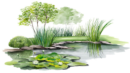 A Serene Watercolor Painting of a Tranquil Pond with Lush Lily Pads and Reflection of Botanical Beauty in Soft Pastel Tones