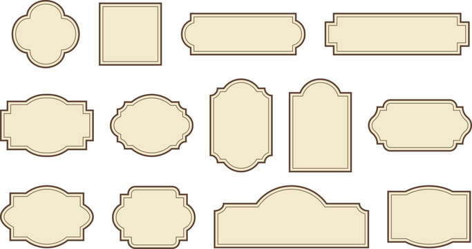 Elegant vintage labels with ornate frames in cream beige and brown color. Classic tags with decorative border for handmade branding and rustic packaging. Set of vector designs with blank space