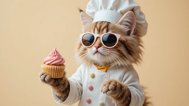 Cat Chef Holding Mini Cupcake