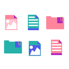 Set of colorful flat style file and folder icons. Includes different file types such as PDF, DOC, JPG, ZIP, and others. Isolated vector illustration for web, apps, infographics, and UI design.