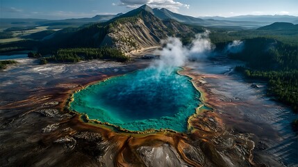 Geothermal pool, mountain range