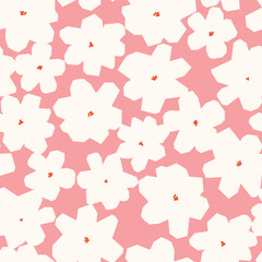 Fabric and surface pattern design with hand drawn bold simple flowers. Decorative floral background. Cutout style vector seamless pattern. Nostalgic vintage groovy allover print.