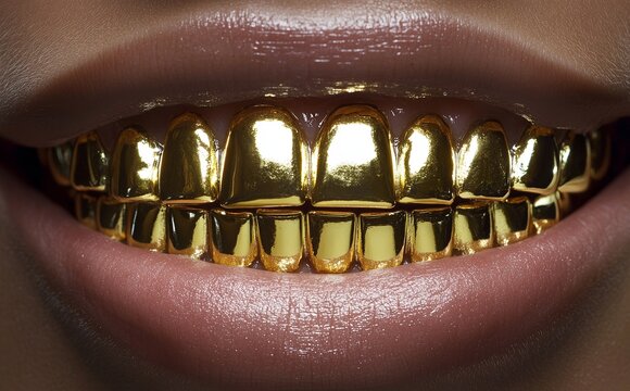 A close-up image of a woman's mouth featuring gold teeth grills, shining brightly