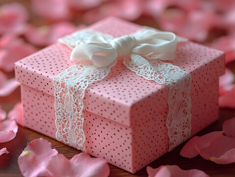 Romantic pink gift box with lace bow and rose petals