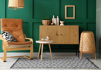 Obraz premium Interior of living room with armchair, commode and lamps