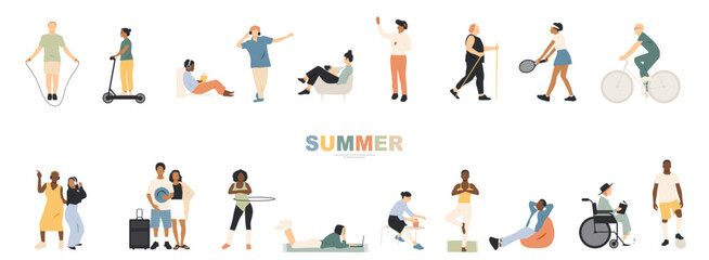 Summer time banner. Different people are engaged in various types of leisure and relaxation. 