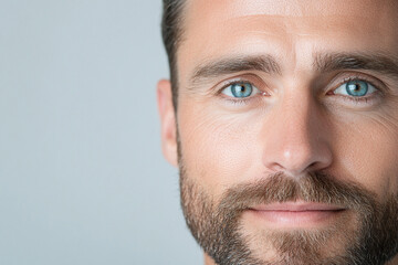 Fototapeta premium Detailed portrait of a man with clear skin and neat eyebrows, minimalist white background