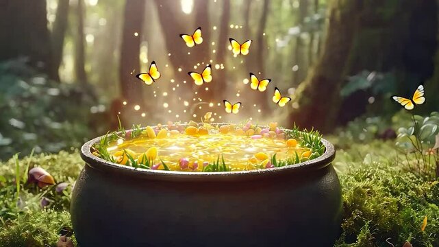 Magic potion bubbling in a forest cauldron