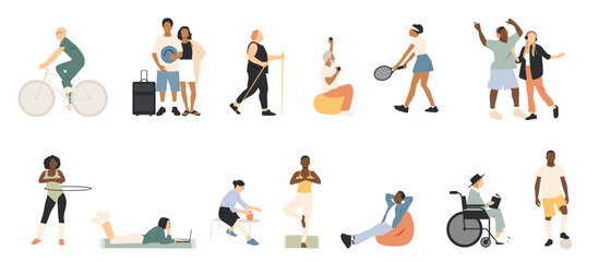 Different people are engaged in various types of leisure and relaxation. Set of different hobbies. Modern design.