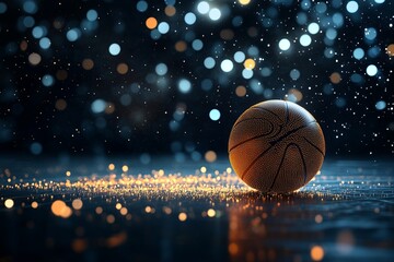 A basketball is depicted in a futuristic 3D rendering, surrounded by glowing energy lines and suspended within a high-tech virtual environment