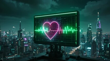 Futuristic Skyline with Heart Rate Monitor Overlay, showcasing technology in healthcare - Powered by Adobe