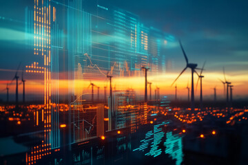 digital landscape showcasing wind turbines against sunset, with data visualizations overlaying scene, symbolizing renewable energy and technology