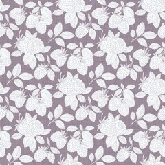 Berry Branch Repeat seamless pattern, delicate seamless pattern featuring white outline drawings of berries and leaves on a textured olive green background