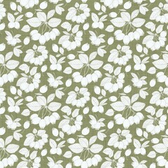 Berry Branch Repeat seamless pattern, delicate seamless pattern featuring white outline drawings of berries and leaves on a textured olive green background