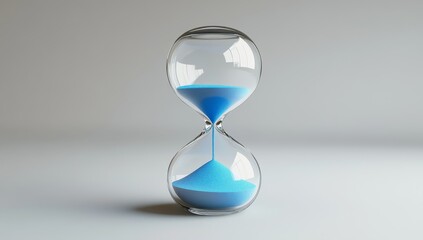 Clear hourglass with flowing blue sand on light gray background