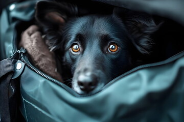 Curious Black Dog Inside Travel Bag Waiting for Adventure