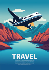 Travel posters with airplane, mountains and clouds.