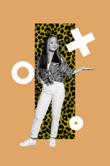 Pop poster collage of person on orange color background with math figures