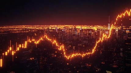 Naklejka premium Nighttime cityscape overlaid with a financial stock chart.