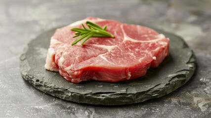 Fototapeta premium A fresh pork chop garnished with rosemary on a dark slate plate.