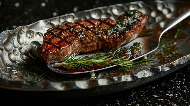 A beautifully presented grilled steak with herbs.