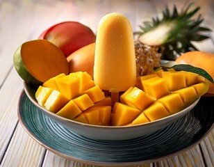 Mango popsicle surrounded by fresh mango slices and whole mangoes on a wooden table at sunny midday