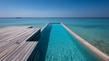 Fototapeta premium Infinity Pool by the Sea: An inviting infinity pool stretches towards the horizon, perfectly mirroring the clear turquoise waters of the ocean.