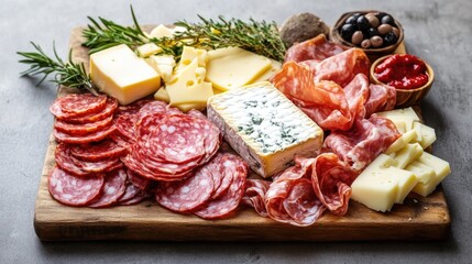 Artfully arranged charcuterie board featuring assorted meats, cheeses, and garnishes on a neutral background