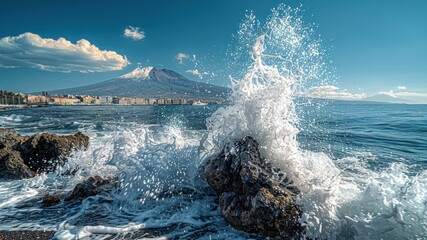 A breathtaking view of waves splashing against rocks with Mount Etna.