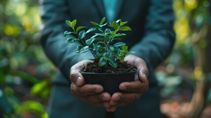 A person in a suit holds a potted plant, symbolizing growth and connection to nature. The lush greenery creates a serene atmosphere, promoting sustainability and care for the environment.