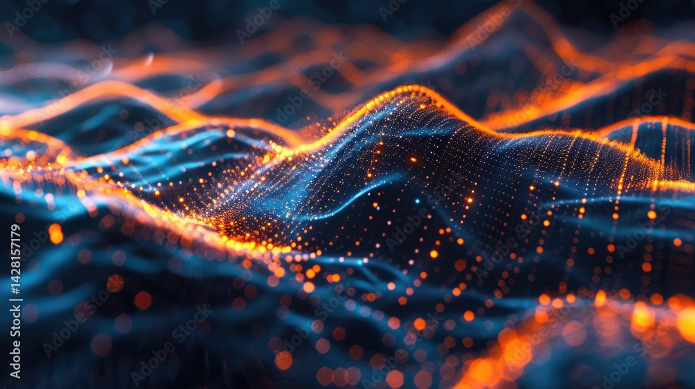 Poster dynamic visualization of telecommunication data in a vibrant 3d style, showcasing flowing waves of l