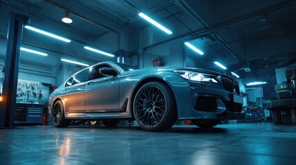 Sleek gray car positioned in a modern auto repair garage.