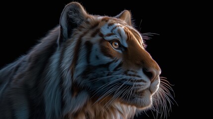 Obraz premium Tiger Looking Up – Close-Up on Black Background