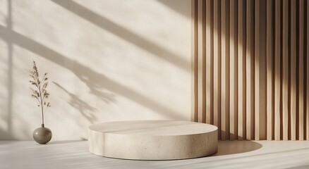 Light-filled, neutral display podium in a wooden room